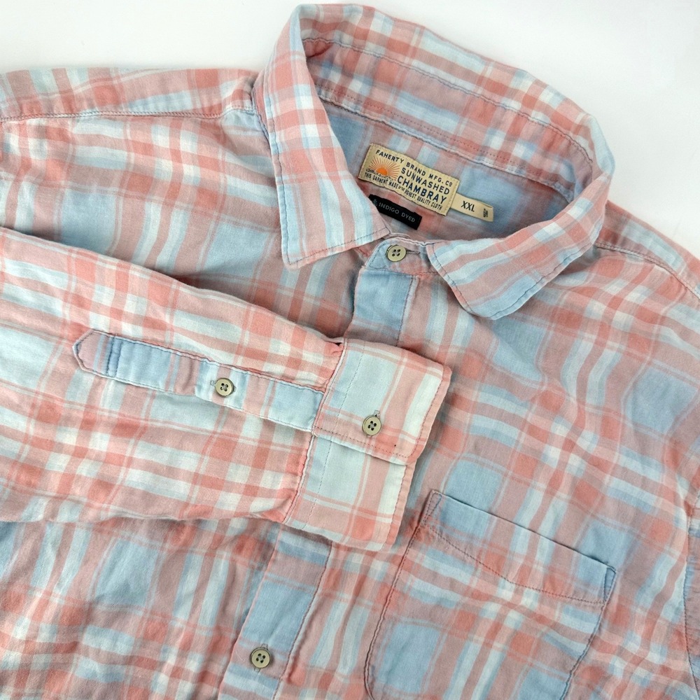 Faherty Brand Sunwashed Chambray Shirt Mens XXL Blue Coral Plaid Supima Cotton